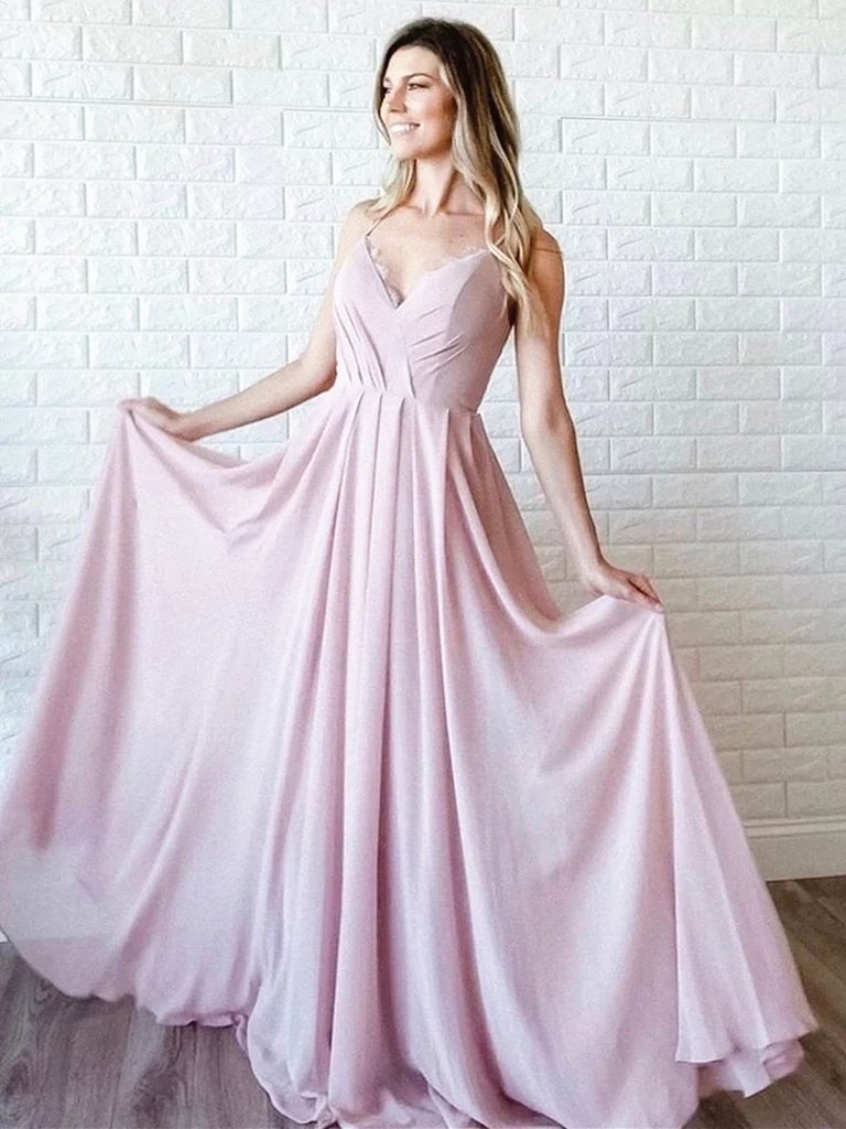 A Line V Neck Pink Lace Prom Dresses, Pink Lace Formal Evening Dresses,DS1731