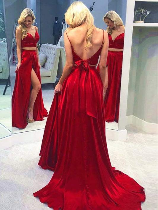 A Line V Neck Red 2 Pieces Prom Dresses, Two Pieces Red Long Formal Evening Dresses,DS1749