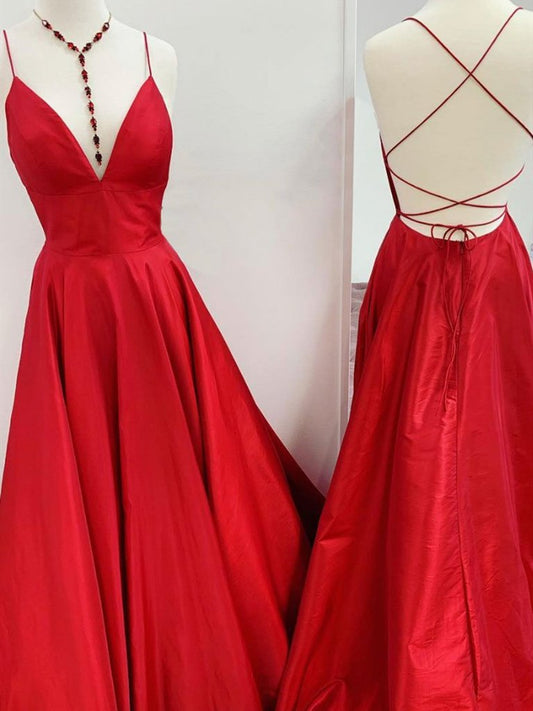 A Line V Neck Red Backless Long Prom Dresses, Open Back Red Long Formal Evening Dresses,DS1678