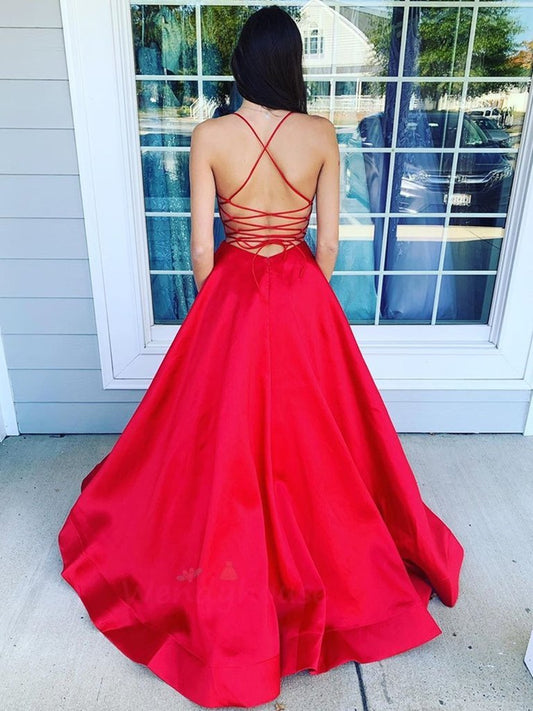 A Line V Neck Red Backless Satin Prom Dresses, Open Back Red Formal Evening Dresses,DS1689