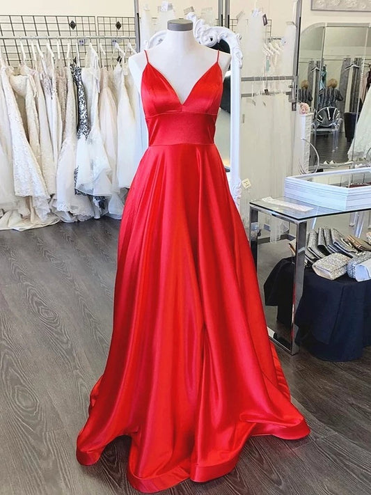 A Line V Neck Red Long Prom Dresses, Red V Neck Long Formal Evening Bridesmaid Dresses,DS1740