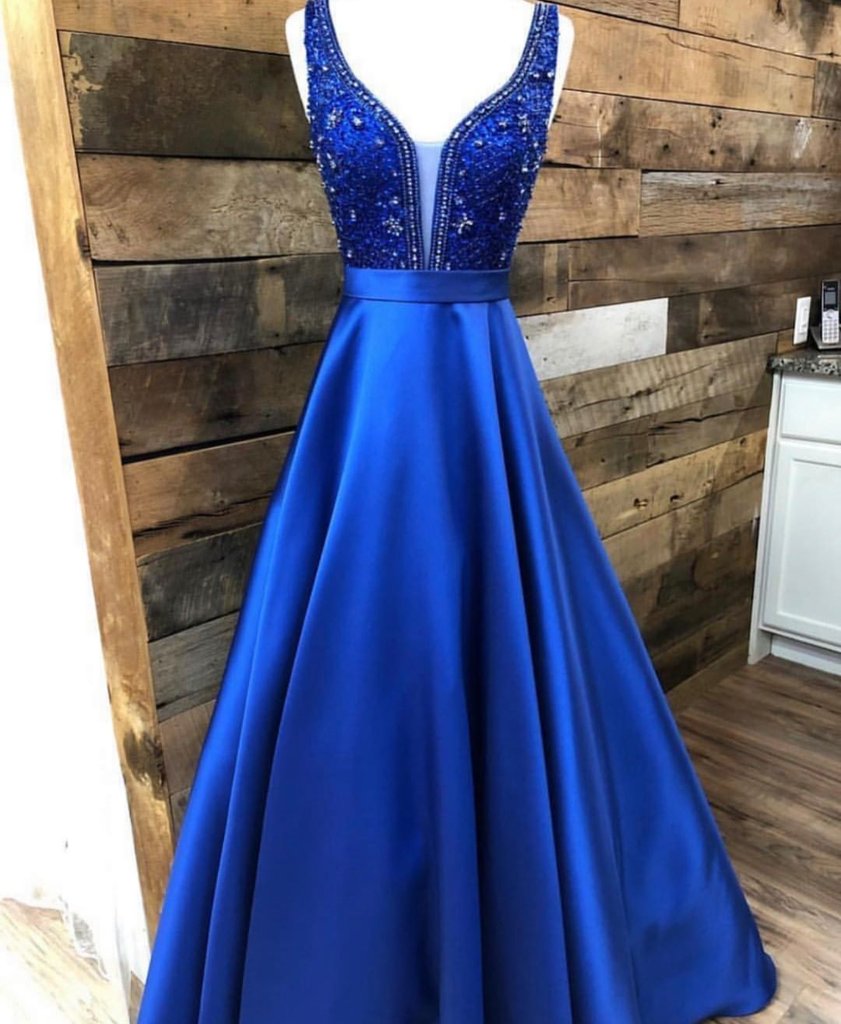 A Line V Neck Royal Blue Beaded Prom Dresses Long, Royal Blue Floor Length Formal Graduation Evening Dresses,DS1778