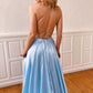 A Line V Neck Sky Blue Backless Prom Dresses, Open Back Long Satin Formal Evening Dresses.DS1685