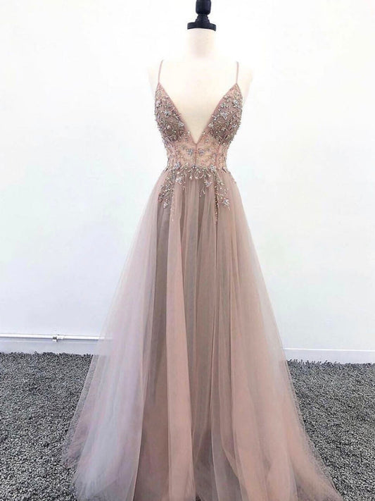 A line v neck tulle beads long prom dress,DS4544