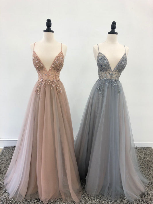 A line v neck tulle beads long prom dress,DS4544