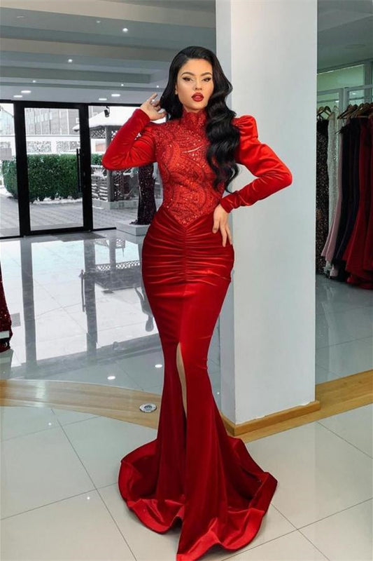 Stunning Red Velvet High Neck Mermaid Prom Dress Long Sleeves,F04824
