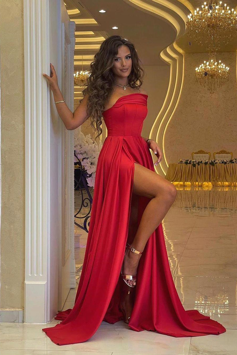 Sexy Off Shoulder Red Satin Evening Dress with Side Split Floor Length Party Dress,F04817