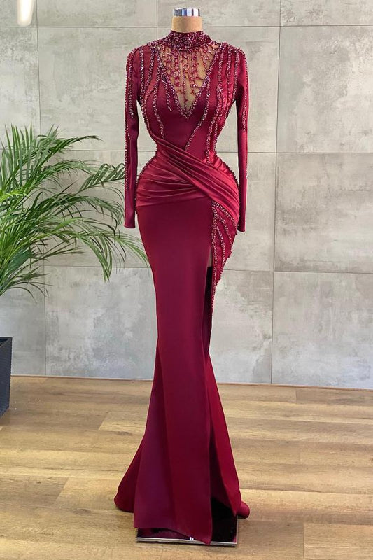 SEXY LONG SLEEVES BURGUNDY PROM DRESS LONG WITH SMALL ROUND COLLAR BEADING,DS3614