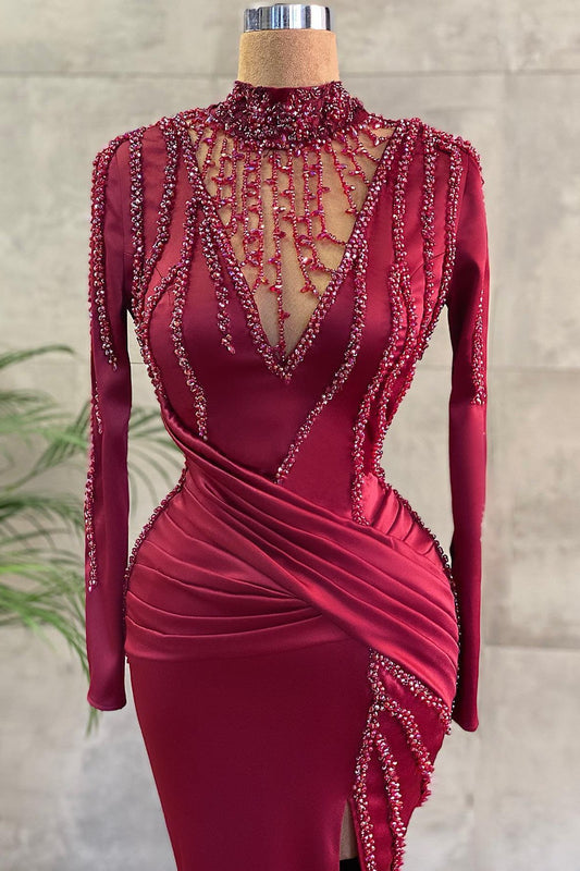 SEXY LONG SLEEVES BURGUNDY PROM DRESS LONG WITH SMALL ROUND COLLAR BEADING,DS3614