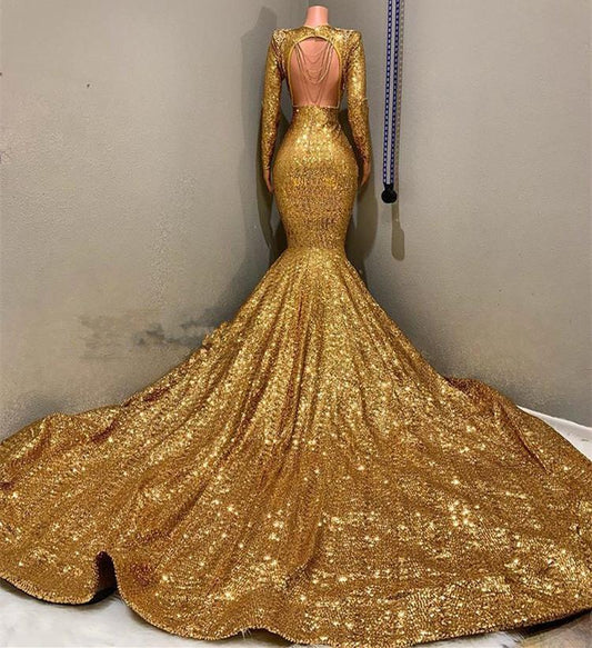 SEXY LONG SLEEVES GOLD MERMAID PROM DRESS SEQUINS V-NECK BACKLESS LONG,DS3610