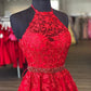 Halter Neck Short Red Lace Prom Dresses, Short Red Lace Formal Homecoming Dresses,DS1600