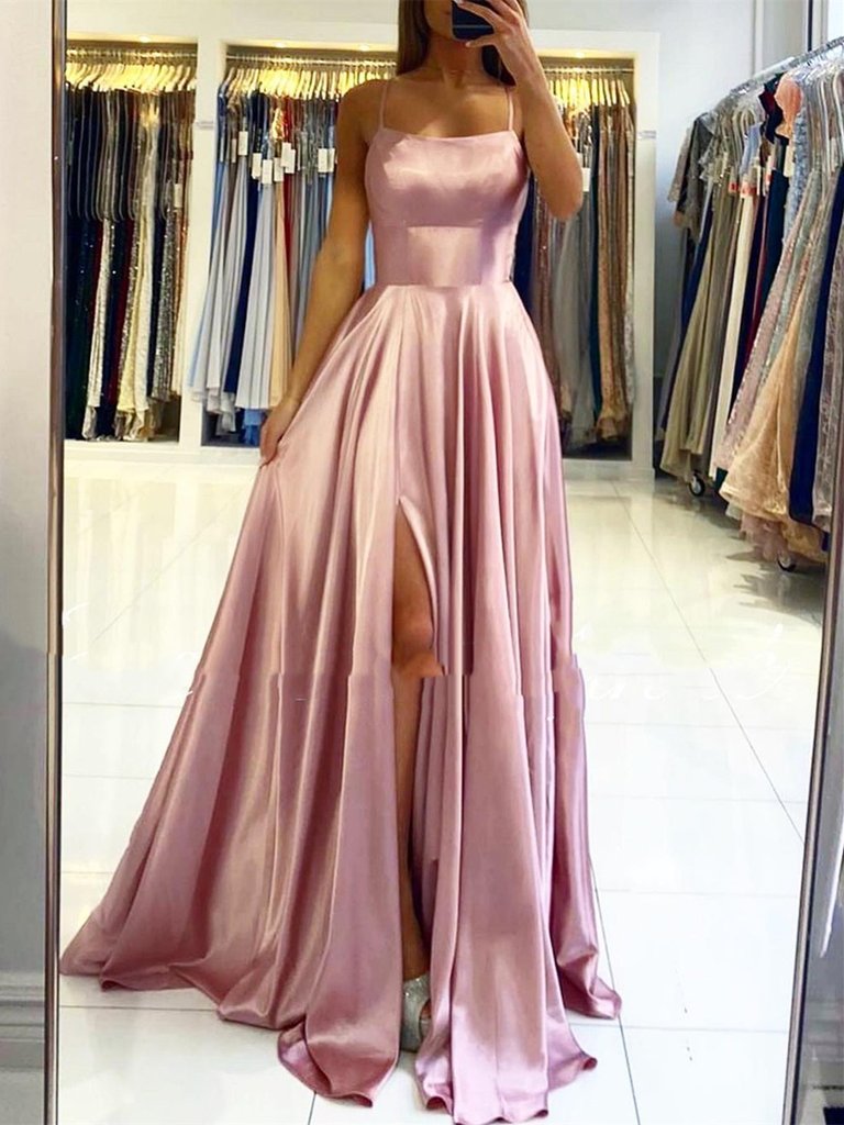 Backless Champagne Pink Blue Long Satin Prom Dresses, Open Back Long Formal Evening Dresses,DS1526
