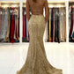 Backless Gold Mermaid Lace Prom Dresses, Open Back Golden Mermaid Lace Formal Evening Dresses,DS1437