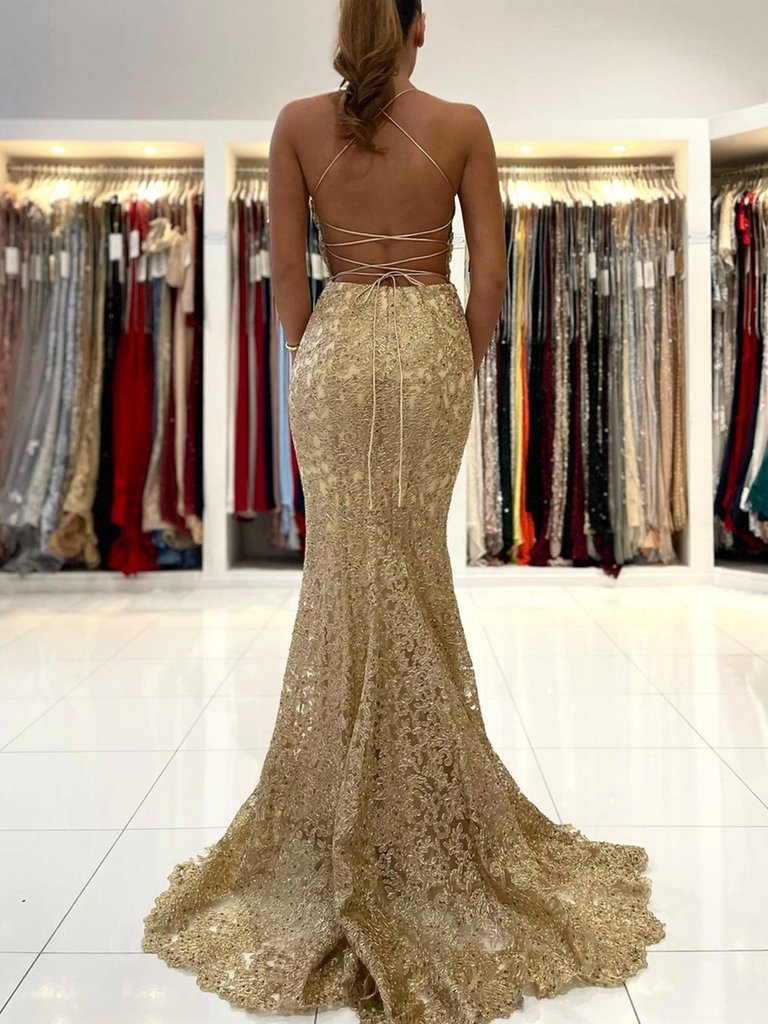 Backless Gold Mermaid Lace Prom Dresses, Open Back Golden Mermaid Lace Formal Evening Dresses,DS1437