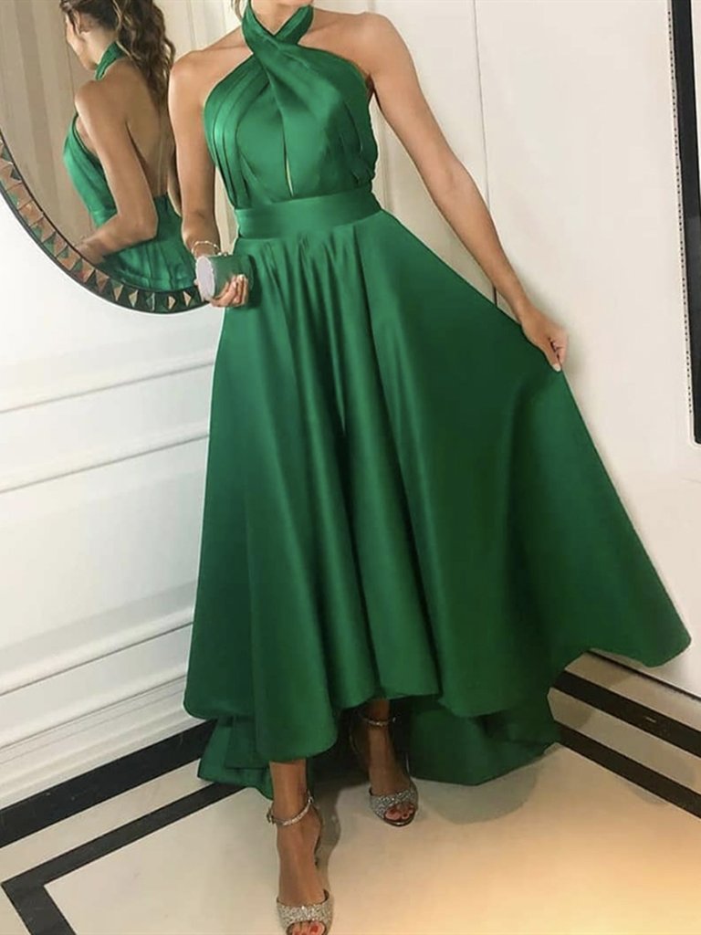 Backless Green Satin High Low Prom Dresses, High Low Green Satin Formal Evening Dresses,DS1499