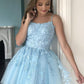 Backless Short Blue Lace Prom Dresses, Short Blue Lace Graduation Homecoming Dresses,DS1351