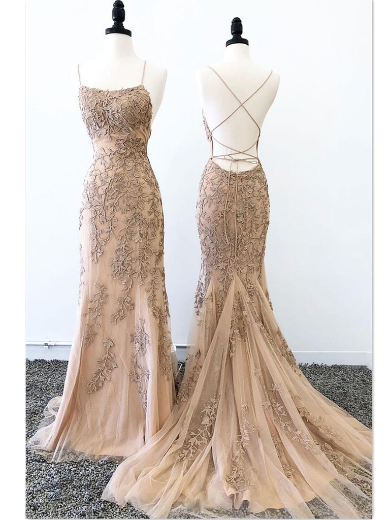Backless Mermaid Champagne Lace Prom Dresses, Mermaid Champagne Lace Formal Graduation Evening Dresses,DS1774