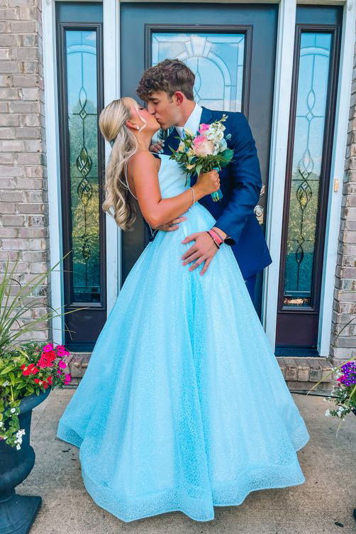 Stunning Sky Blue Sparkly Long Prom Dress, Spaghetti Straps A-Line Sequins Formal Gown ,DS4560