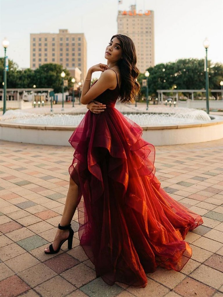 Burgundy High Low Prom Dresses, Wine Red High Low Formal Evening Dresses,DS1451