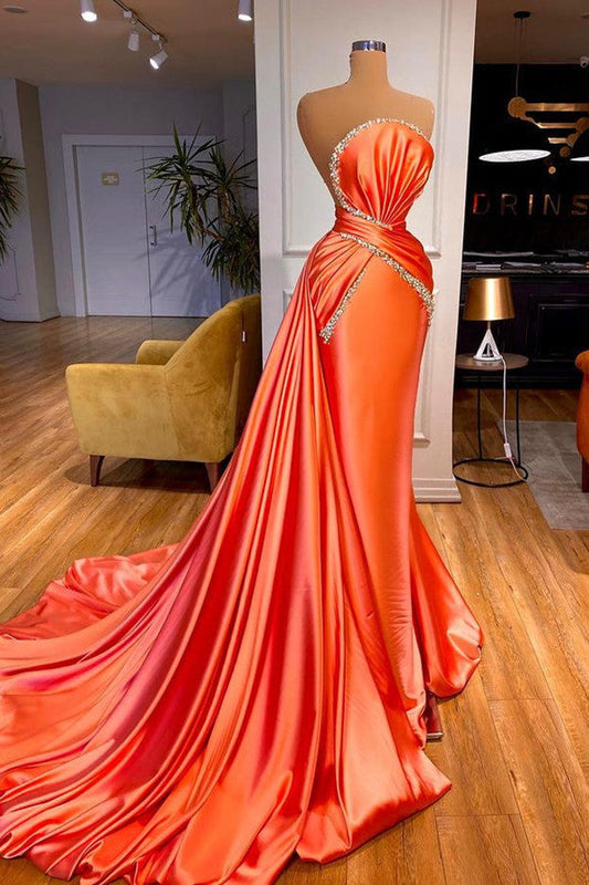 Elegant Orange Crystal Mermaid Prom Dress With Detachable Train,F04802