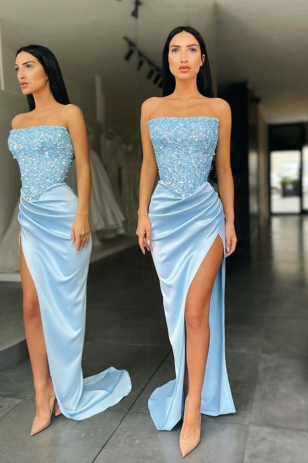 Trendy Sky Blue Strapless Sequin Long Prom Dress with High Slit,DS3511