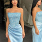 Trendy Sky Blue Strapless Sequin Long Prom Dress with High Slit,DS3511