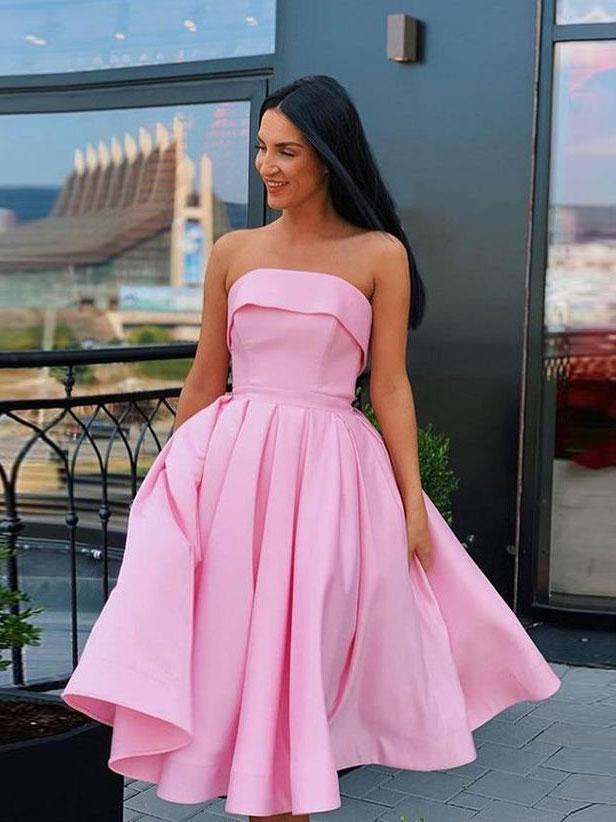 Simple satin short prom dress, pink homecoming dress,DS0948