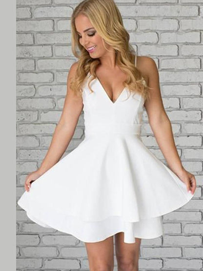 Cute V Neck White Short Prom Dresses with Lace Back, Short White Homecoming Dresses ,DS0949