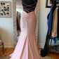 Elegant Mermaid V Neck Lace-Up Back Pink Long Prom Dress,DS0708