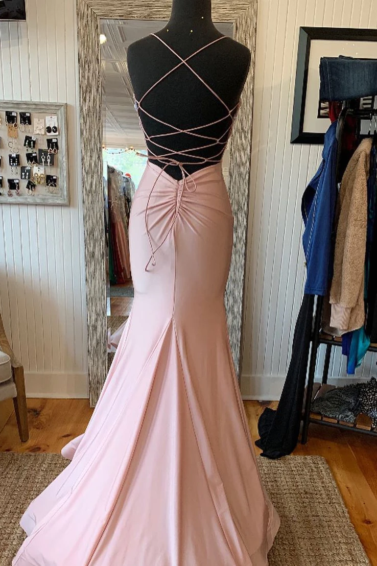 Elegant Mermaid V Neck Lace-Up Back Pink Long Prom Dress,DS0708
