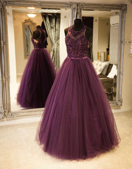 Purple tulle lace long prom dress, purple evening dress,DS0515