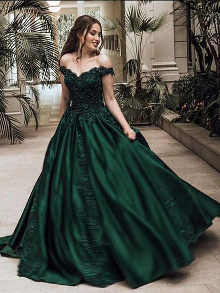 Dark Green Off Shoulder Lace Prom Gown, Off Shoulder Lace Formal Dresses, Green Evening Dresses,DS1873