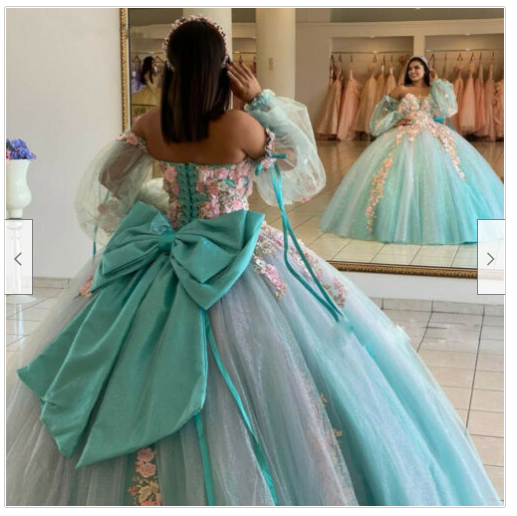 Blue Ball Gown Quinceanera Dresses Off Shoulder Long Sleeve Corset Sweep Train,DS4621