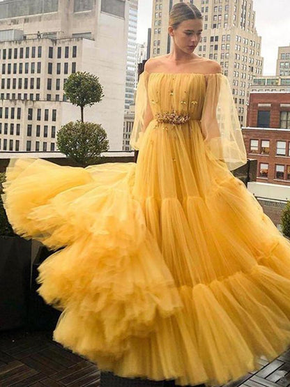 LONG SLEEVES TULLE BEADING OFF THE SHOULDER YELLOW PROM DRESS,DS2964