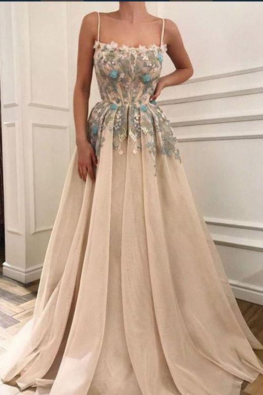 Elegant A Line Spaghetti Straps Sleeveless Appliques Prom Dresses Dance Dresses,DS4443