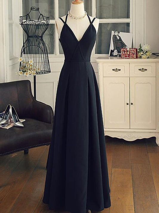 A Line V Neck Black Long Prom Dresses with Corss Back, Black Long Formal Evening Graduation Dresses ,DS3063