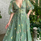 GREEN V NECK TULLE LACE LONG PROM DRESS, GREEN TULLE FORMAL DRESS,F04742