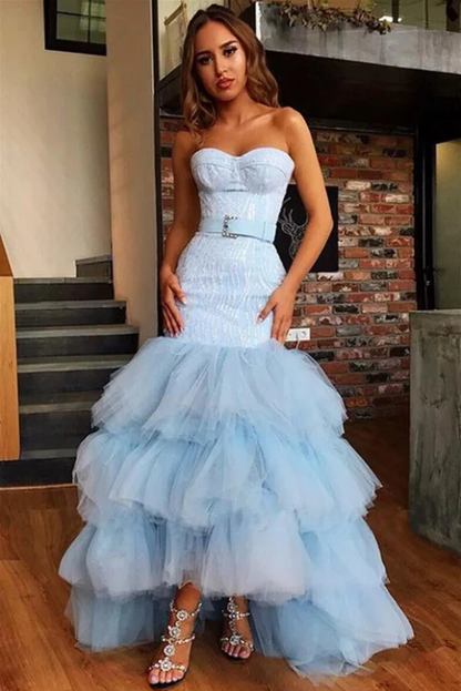Light Blue Mermaid Strapless Tulle Prom Dresses , Prom outfits Bowknot Layers Evening Dresses,DS4428