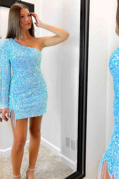 Long Sleeve Fringe Light Blue Mini Homecoming Dress,DS5002