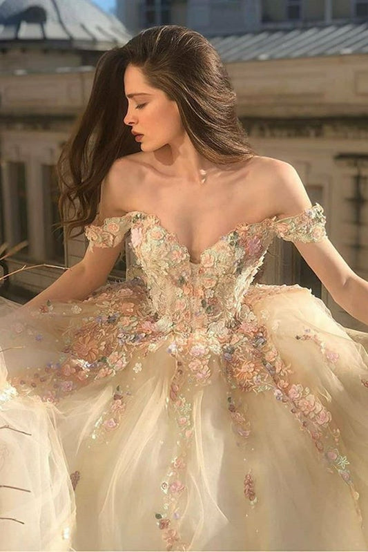 Gorgeous Off Shoulder Champagne Lace Floral Prom Dress, Long 3D Flower Champagne Formal Evening Dress, Champagne Ball Gown,DS4350