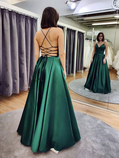 Green V Neck Backless Satin Prom Dresses, Open Back Green Satin Formal Evening Dresses,DS1517