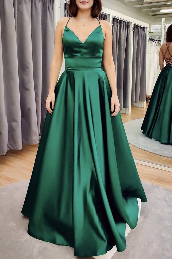 Green V Neck Backless Satin Prom Dresses, Open Back Green Satin Formal Evening Dresses,DS1517