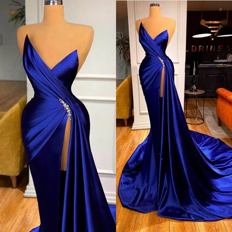 Real Photos Prom Dresses 2022 Sweetheart Ruched Beaded Sexy High Side Split Cocktail Evening Party Women Wear Mermaid Vestidos,LW041