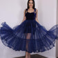Navy Blue Prom Dresses Spaghetti Sweetheart Velvet Top Homecoming Party Gowns Ankle Length Tulle Bride Evening Wear,LW061