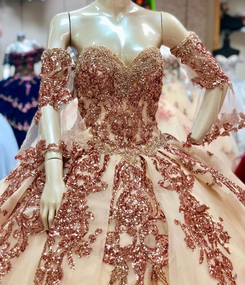 Sparkly Rose Gold Quinceanera Prom Dresses Sweetheart Lace Applique Sequins Ball Gown Tulle Formal Dress,DS4393