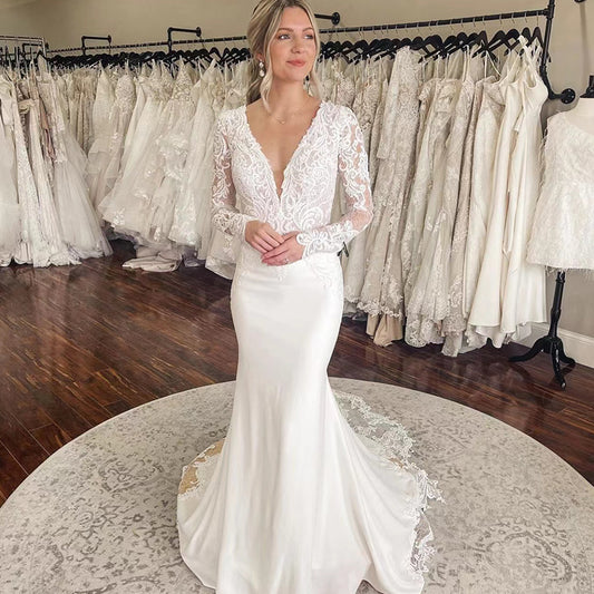 Sexy Backless Buttons Mermaid Wedding Dresses for Women Deep V Neck Bridal Gowns Lace Applique Long Sleeves,LW047