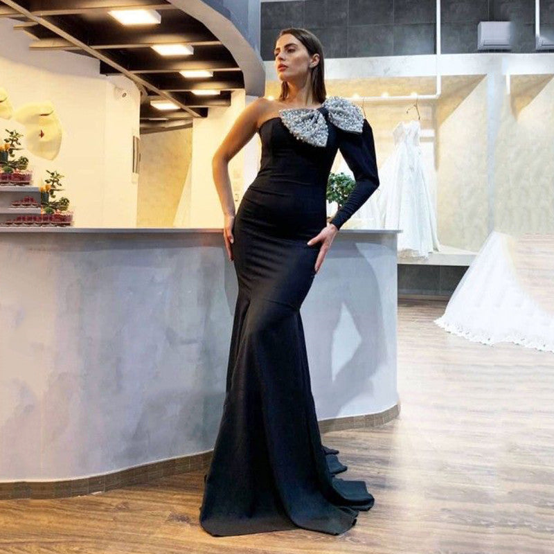 Black Women Formal Dresses Evening with Big Bow One Shoulder Long Sleeve Prom Gowns Special Banquet Wear,LW060