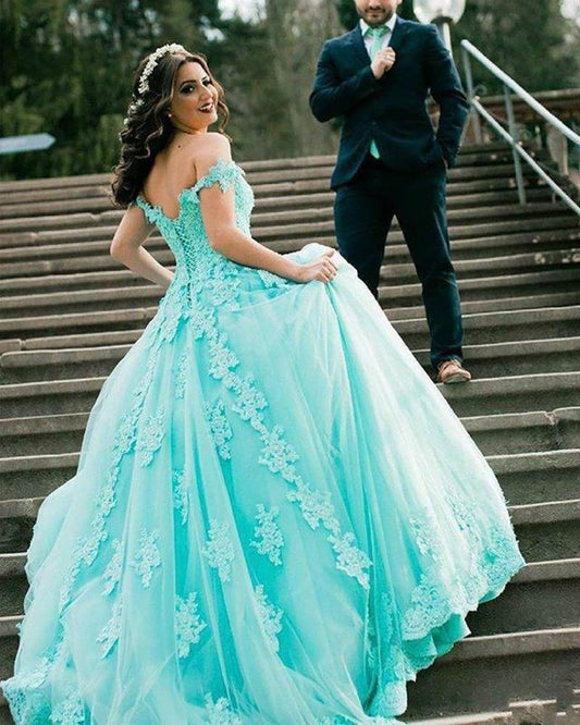 Off the Shoulder Mint Green/Blue Gown Prom Lace Quinceanera Dress Debutante Sweet 16 Gown, Ball Wedding Party dress ,DS2743