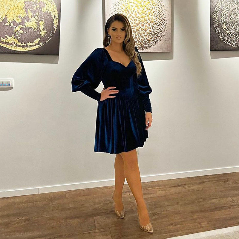 Soft Velour Short Prom Dresses Long Sleeves Square Neck Sexy Cocktail Party Women Special Occasion Wear Zipper Back Vestidos,LW063