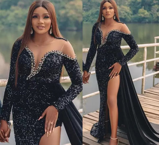 Black Sequined Side Split Sexy Mermaid Dresses for Evening Party Sheer Neck Long Sleeves Prom Gowns with Detachable Train,LW043